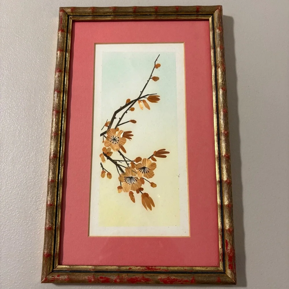 Framed Artwork Chinese Wheat Straw Cherry Blossom Branch Print Coral Mat Gold‎